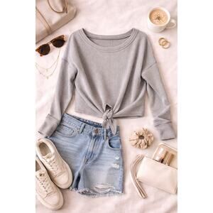 Abercrombie & Fitch Women's Tie Front Boatneck Ribbed Pullover Sweater Gray SZ S